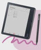 Een scherm van de Kobo Clara Colour eReader met een reeks notitieboeksjablonen, geanimeerde voorbeelden van handschrift in notitieboeken en een menu met soorten notitieboeken en de zoekfunctie.
